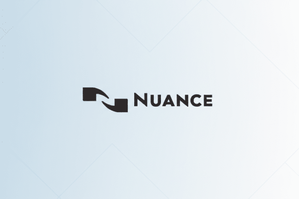 The Nuance logo, featuring a stylized N formed by two opposing shapes, next to the word Nuance in a sans-serif font, all presented on a light blue gradient background with subtle geometric patterns.