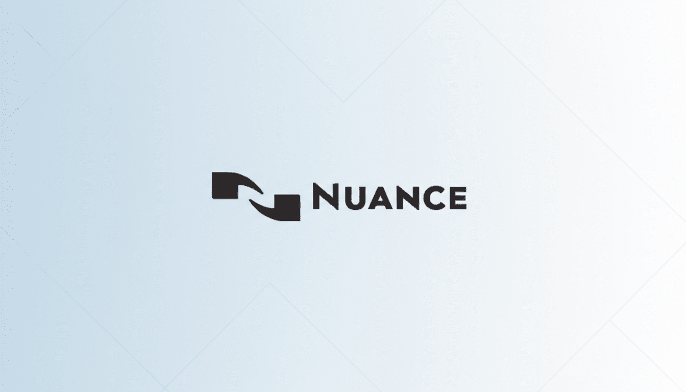 The Nuance logo, featuring a stylized N formed by two opposing shapes, next to the word Nuance in a sans-serif font, all presented on a light blue gradient background with subtle geometric patterns.