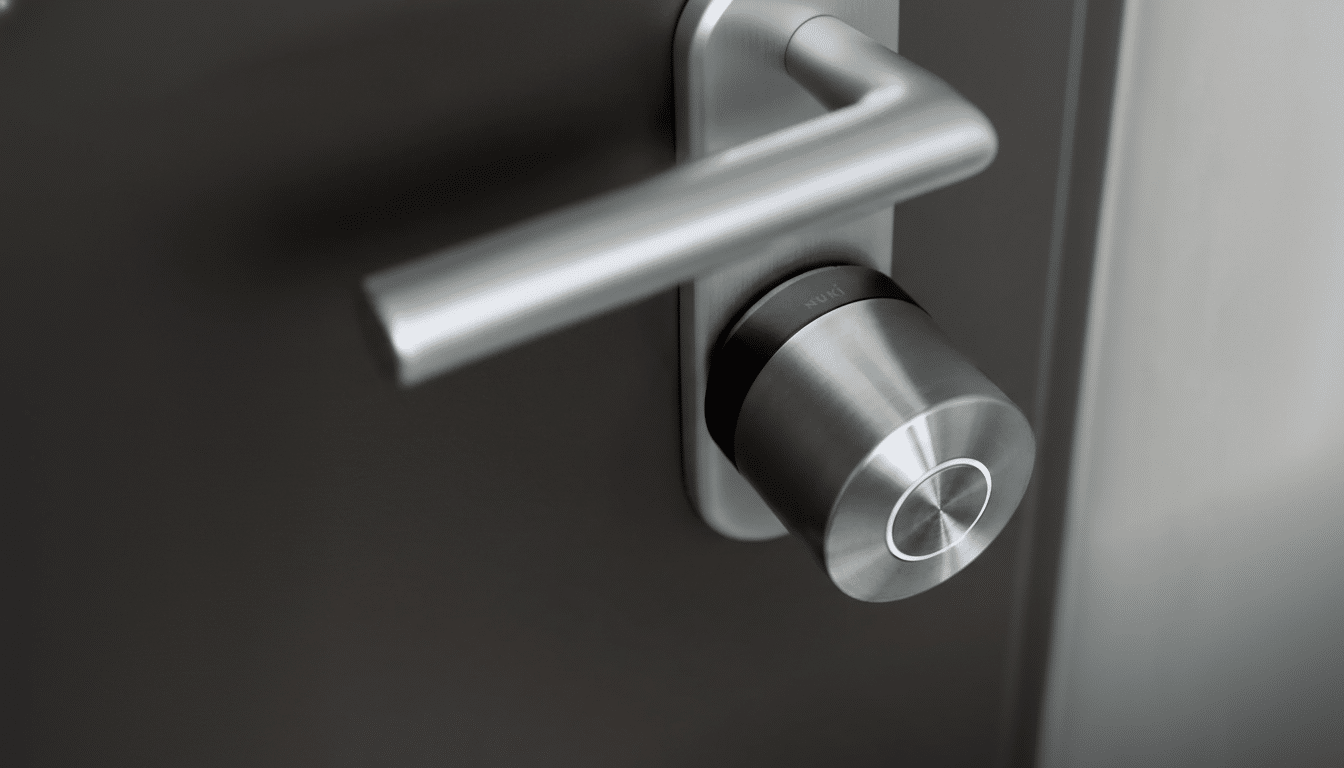 A close-up, professionally enhanced image of a silver Nuki smart lock attached to a door handle, resized to a 16:9 aspect ratio.