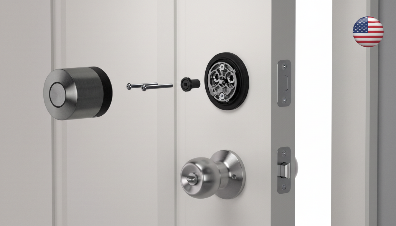 A disassembled smart lock and a standard doorknob are shown on a white door, with an American flag icon in the top right corner.