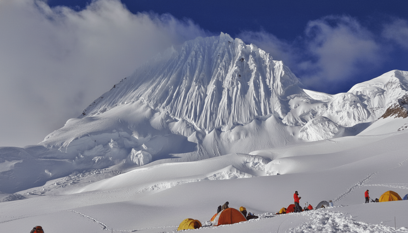 A wide shot of a snowy mountain landscape with several colorful tents and a few people visible in the foreground, under a partly cloudy blue sky.
