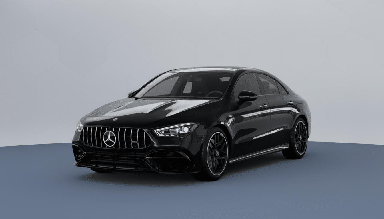 A sleek black Mercedes-Benz CLA 45 AMG parked on a two-tone gray and blue surface with a subtle hexagonal pattern in the background.