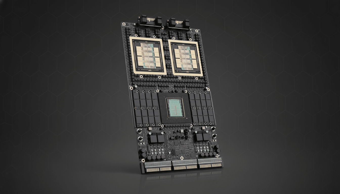A professional 16:9 aspect ratio image of a black circuit board with multiple chips, set against a dark gray background with a subtle hexagonal pattern.