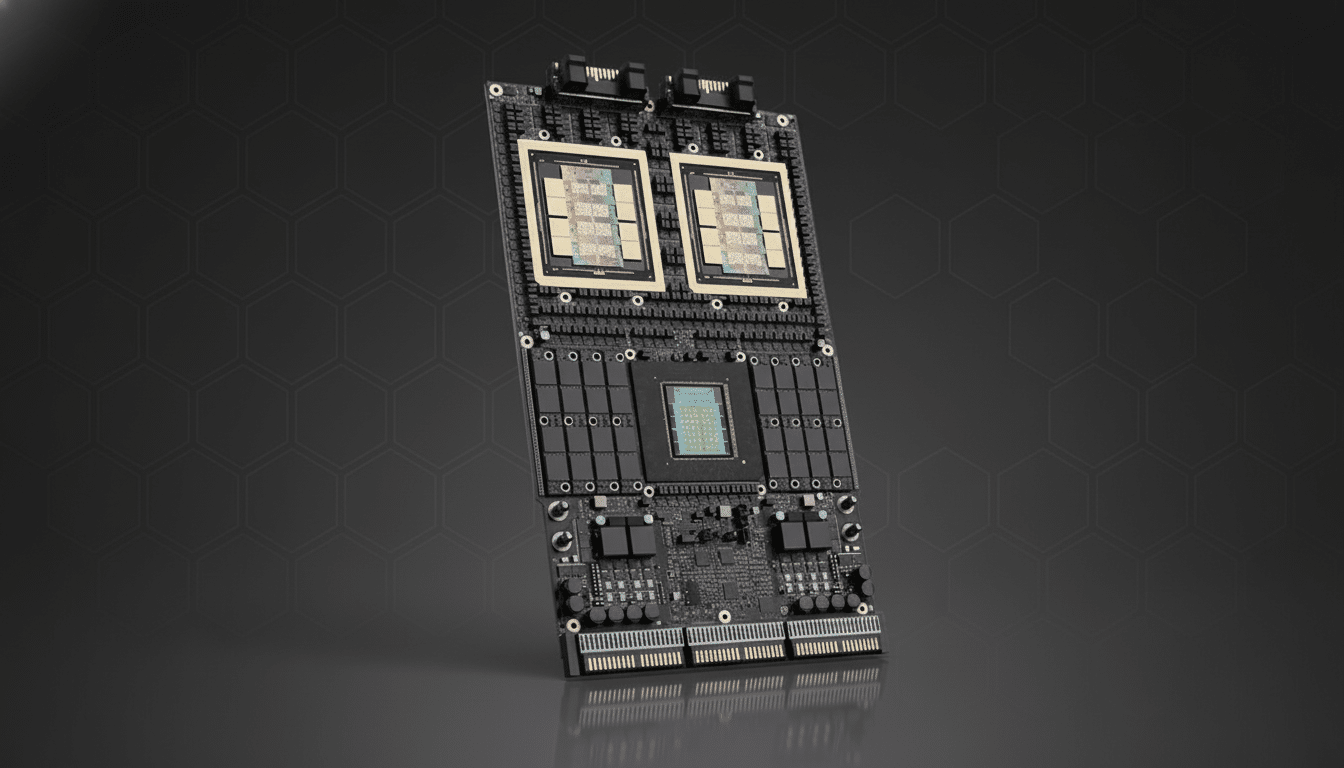 A professional, enhanced image of a circuit board with two large square chips and a smaller central chip, set against a dark grey background with a subtle hexagonal pattern.