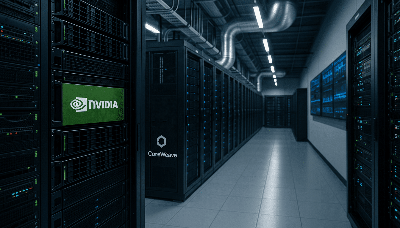 A server room with rows of black server racks, featuring NVIDIA and CoreWeave branding, resized to a 16:9 aspect ratio.