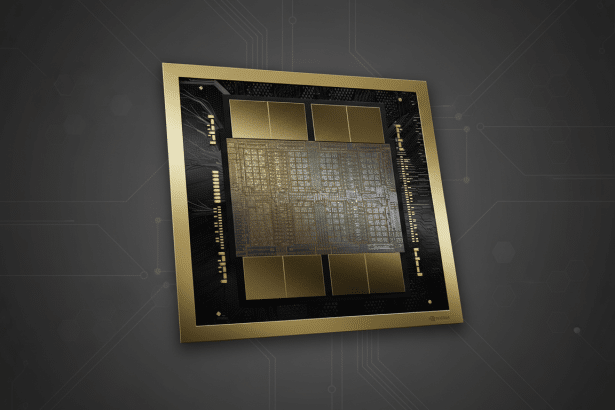 A professional, enhanced image of a gold and black NVIDIA GPU, presented on a dark gray background with subtle circuit board patterns and hexagonal elements.