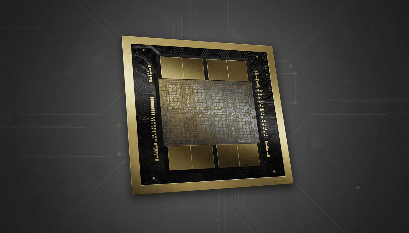 A professional, enhanced image of a gold and black NVIDIA GPU, presented on a dark gray background with subtle circuit board patterns and hexagonal elements.