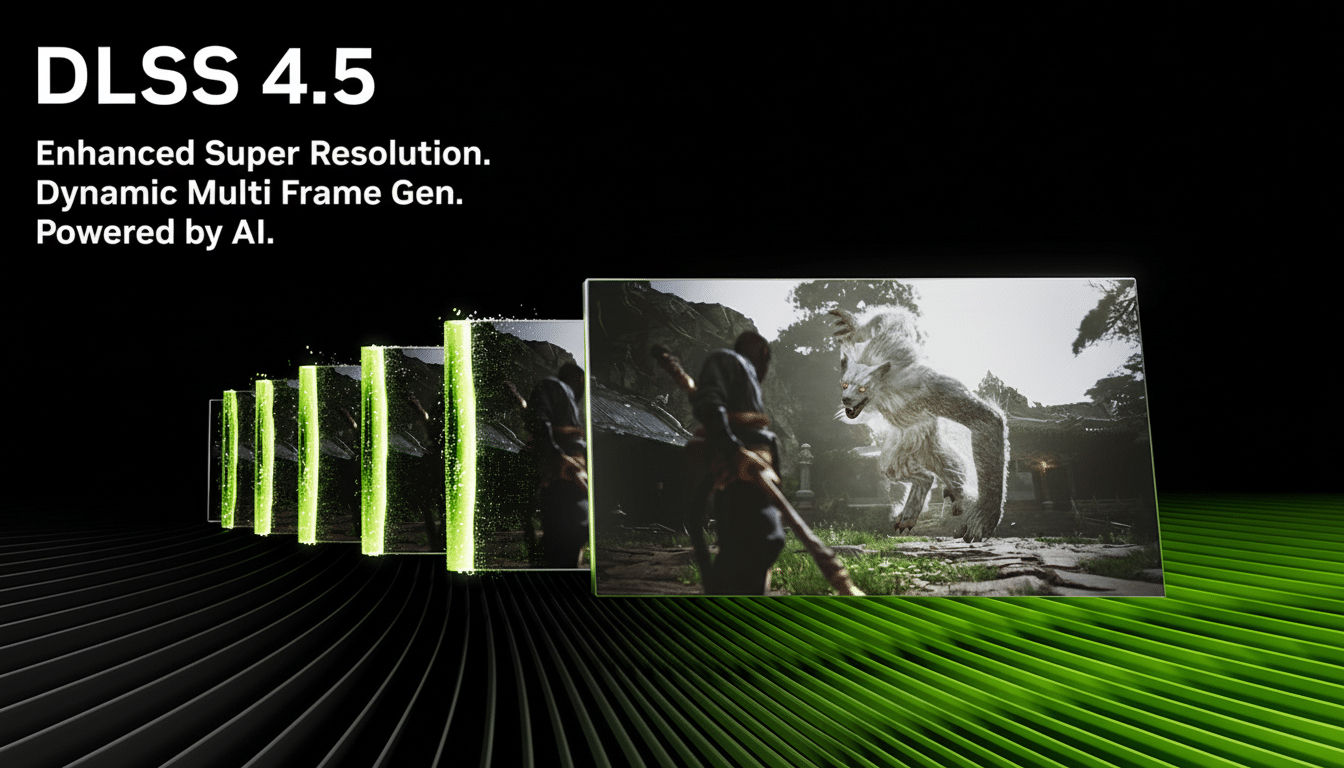 An image advertising DLSS 4.5, with text DLSS 4.5 Enhanced Super Resolution. Dynamic Multi Frame Gen. Powered by AI. On the right, a series of images show a video game scene with a character and a large white wolf, demonstrating the visual enhancement.
