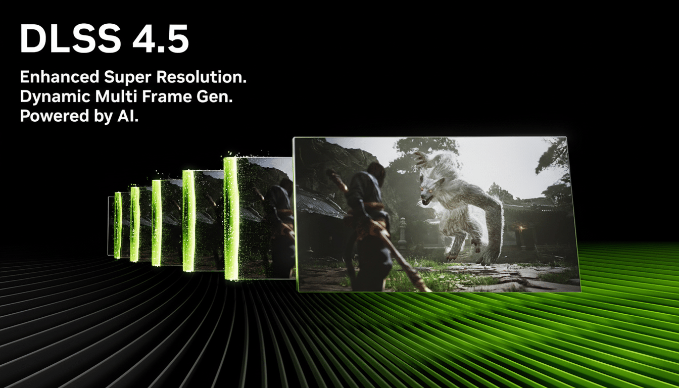 An image advertising DLSS 4.5, showing Enhanced Super Resolution. Dynamic Multi Frame Gen. Powered by AI. with a series of screens demonstrating the technology, culminating in a detailed image of a person fighting a large white wolf-like creature.