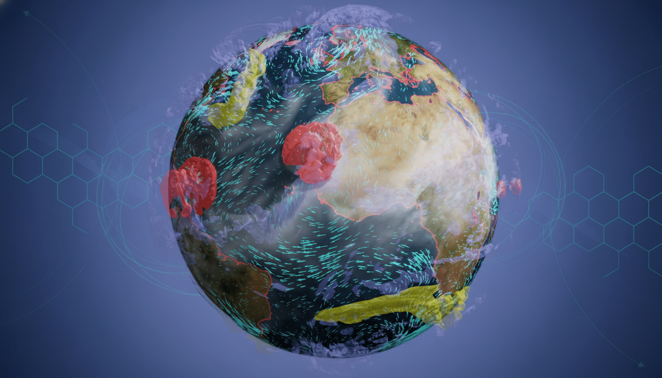 Nvidia AI weather model visualization of storm forecast and track