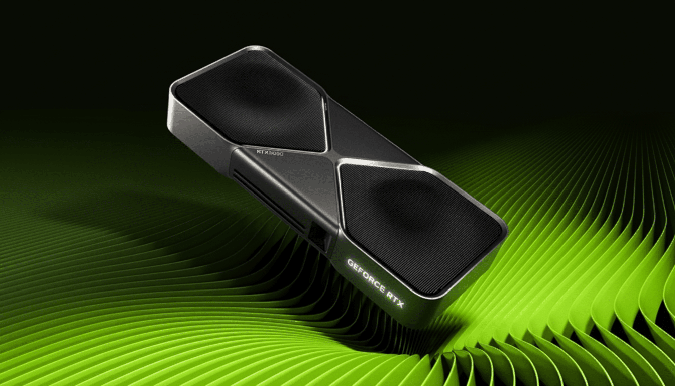 A professional image of an NVIDIA GeForce RTX 3090 graphics card, presented at a 16:9 aspect ratio. The card is angled on a dark background with a vibrant, undulating green pattern at the bottom, maintaining a clean and professional aesthetic.