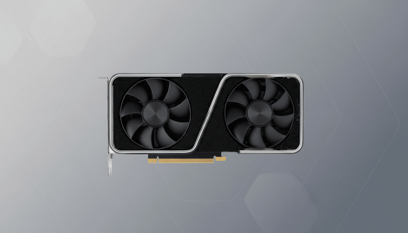 A professional, enhanced image of a graphics card with two fans, set against a clean, soft gray background with subtle geometric patterns.