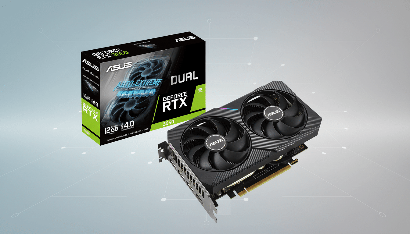 A 16:9 aspect ratio image of an ASUS Dual GeForce RTX 3060 graphics card and its retail box, set against a professional flat design background with soft patterns.