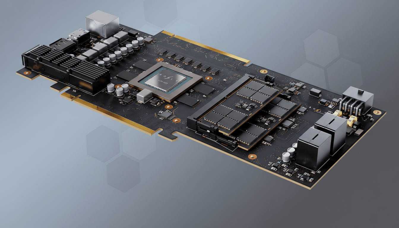 A professional, enhanced image of a computer graphics card on a gradient background with subtle hexagonal patterns, resized to a 16:9 aspect ratio.