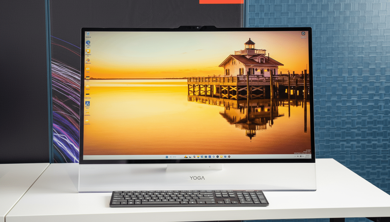 A Lenovo Yoga all-in-one desktop computer with a black keyboard in front of it, displaying a sunset scene with a house on a pier over water.