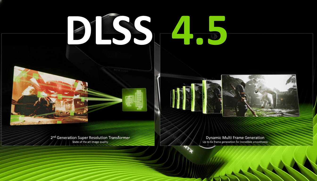 An image showcasing DLSS 4.5 technology with two main features: 2nd Generation Super Resolution Transformer and Dynamic Multi Frame Generation.