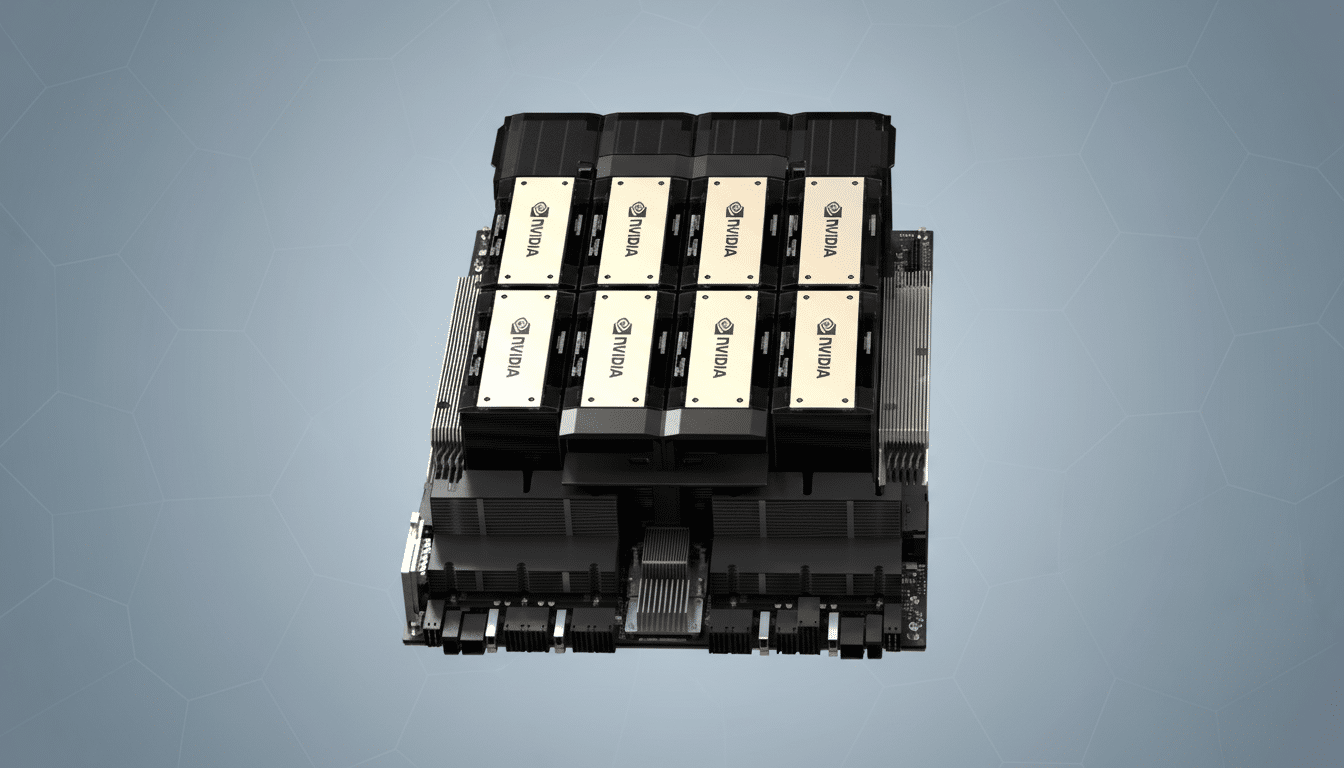 A top-down view of an NVIDIA DGX system, featuring eight gold-colored NVIDIA GPUs arranged in two rows of four, mounted on a dark circuit board. The background is a professional flat design with a soft gray gradient and subtle hexagonal patterns.