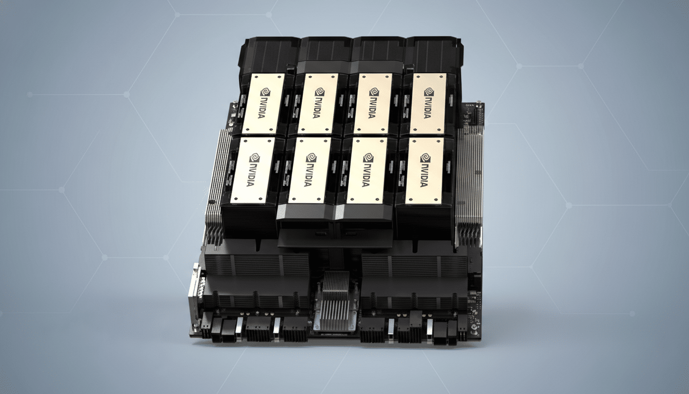 A professional, enhanced image of an NVIDIA GPU server rack, presented on a clean, light gray background with a subtle geometric pattern, maintaining a 16:9 aspect ratio.