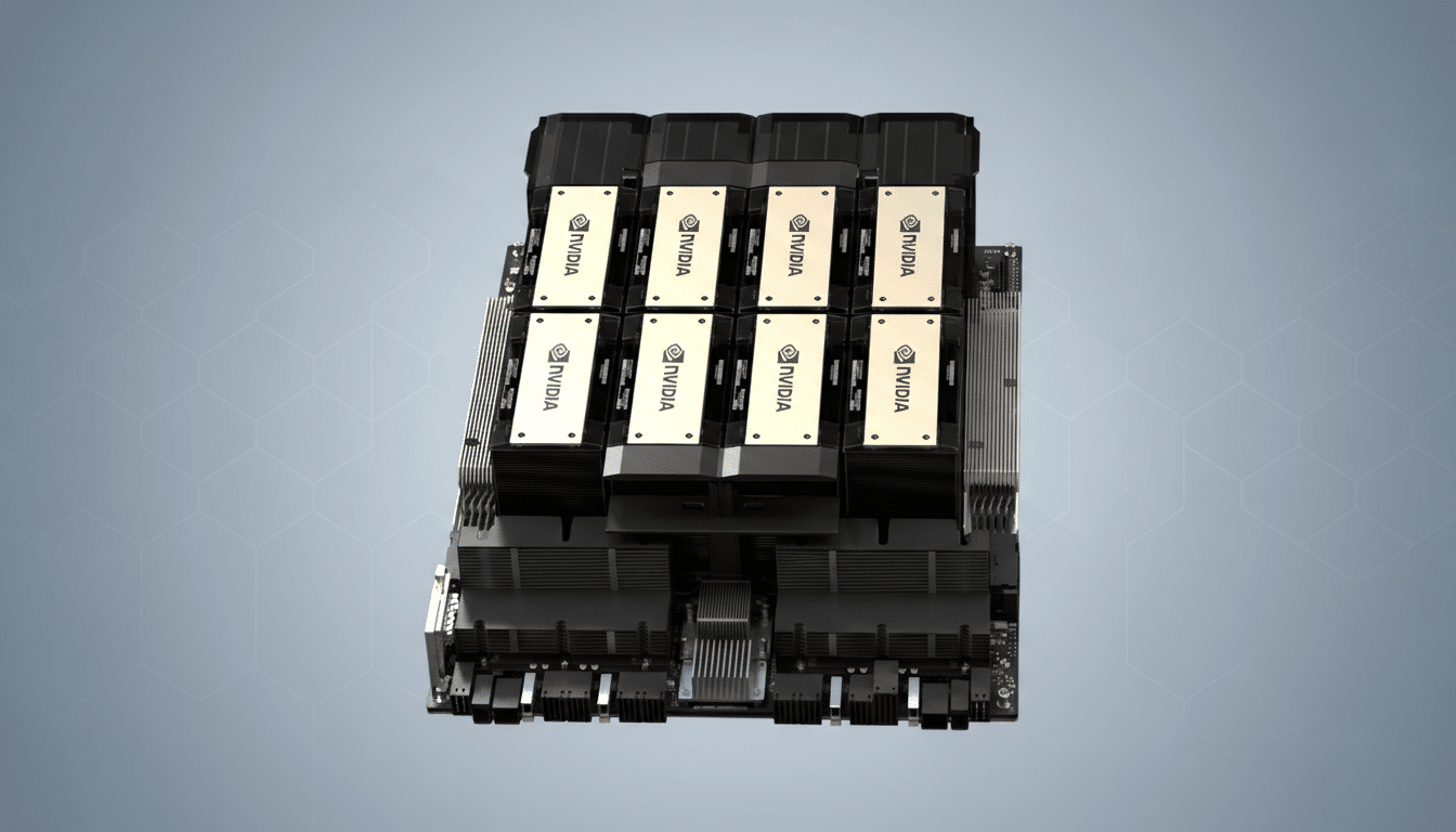 A professional, enhanced image of an NVIDIA GPU server rack, presented on a clean, light gray background with subtle hexagonal patterns, resized to a 16:9 aspect ratio.