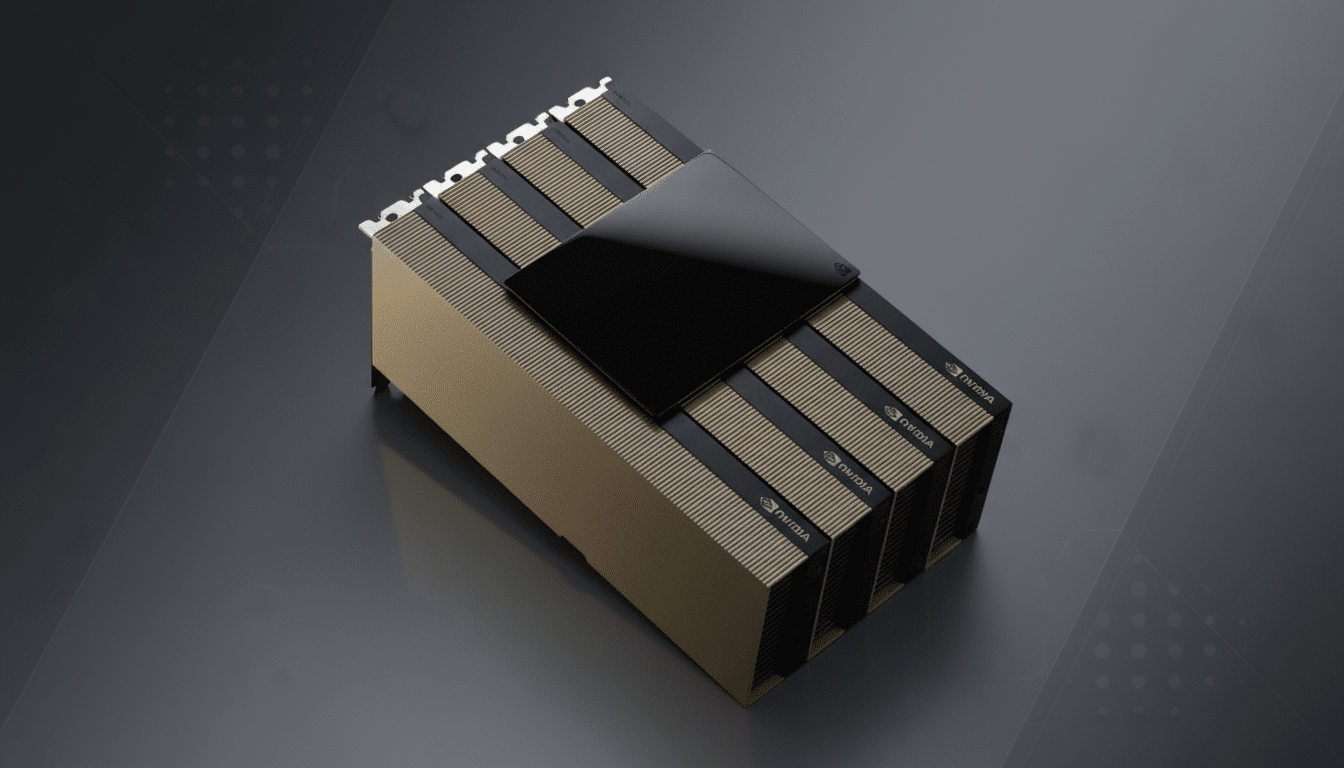 A professional, enhanced image of an NVIDIA GPU with a 16:9 aspect ratio, set against a dark gray background with subtle geometric patterns.