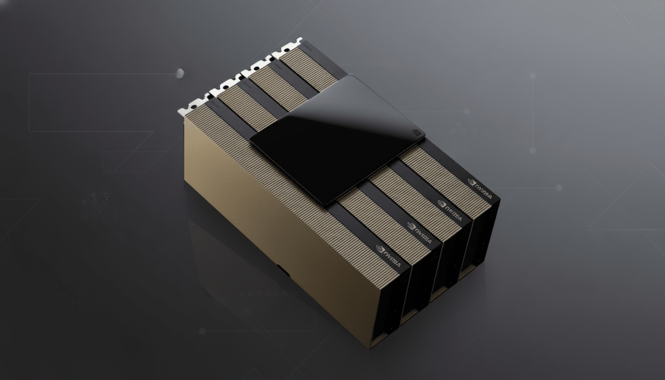 A professional, enhanced image of an NVIDIA GPU with a 16:9 aspect ratio, set against a clean, dark gray background with subtle geometric patterns.