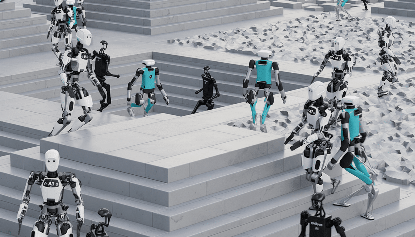 A group of robots, some white and black, others white and teal, are walking on and around a series of concrete steps and platforms.