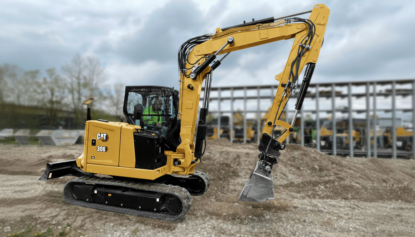 A yellow and black Caterpillar 306 mini excavator with a person in the cab, set against a construction site background with piles of dirt and blurred structures under a cloudy sky.