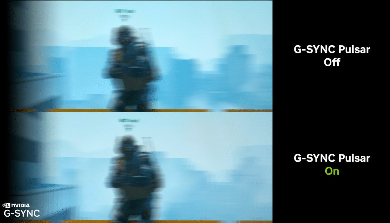 A comparison image showing G-SYNC Pulsar Off and G-SYNC Pulsar On with a blurred video game character in the background.