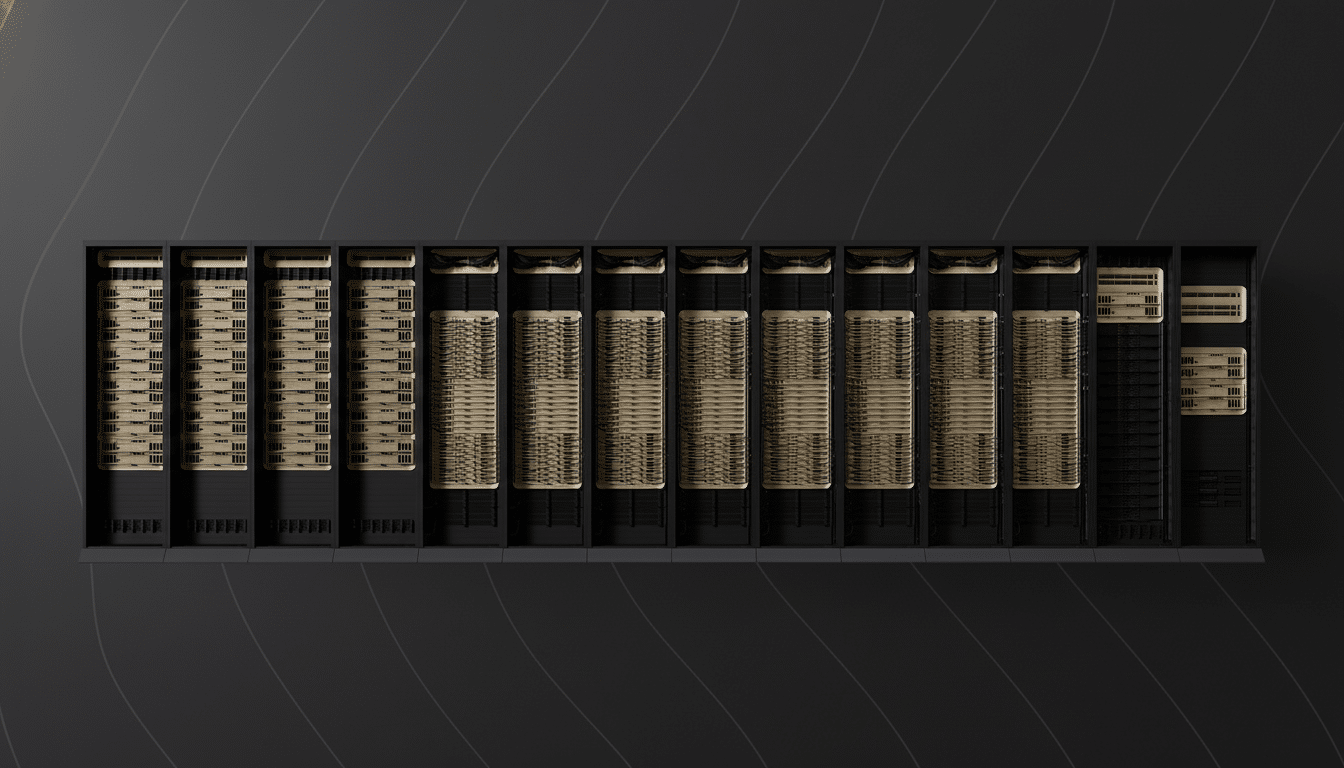 A professional, enhanced image of a server rack with a dark gray background featuring subtle, curved line patterns, resized to a 16:9 aspect ratio.