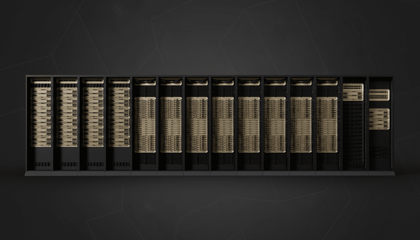A professional, enhanced image of a server rack in a 16:9 aspect ratio, featuring a dark, subtly patterned background.