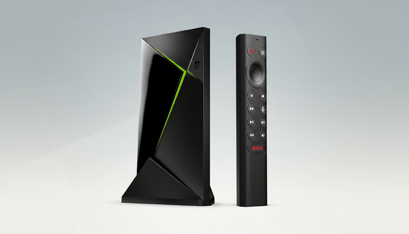 A black NVIDIA Shield TV device with a glowing green accent and its accompanying black remote control, presented on a professional light gray background with subtle geometric patterns.