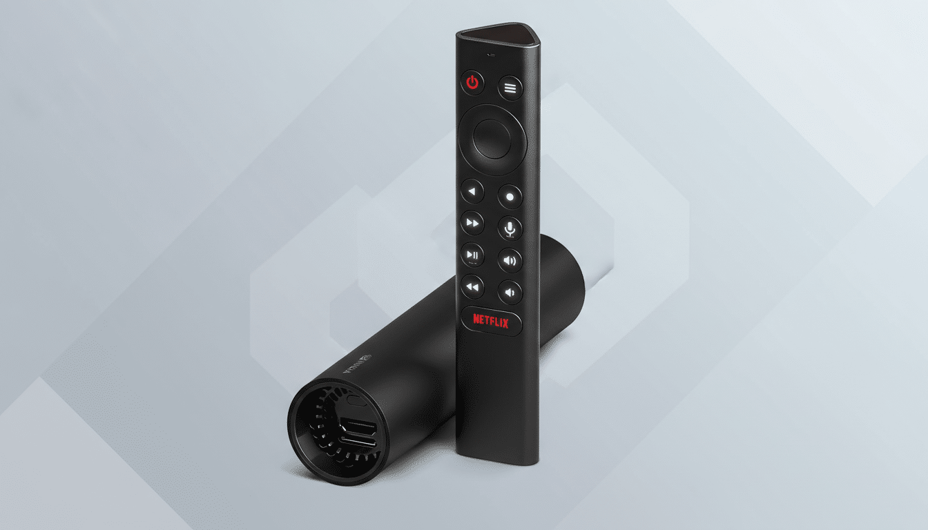 A black NVIDIA Shield TV remote control stands upright next to a black NVIDIA Shield TV streaming device, both presented on a professional flat gray background with subtle geometric patterns.