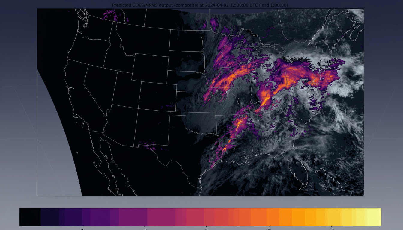 A weather map showing predicted GOES/MRMS output (composite) at 2024-04-02 12:00:00 UTC (lead 1:00:00), with a color bar indicating reflectivity values.