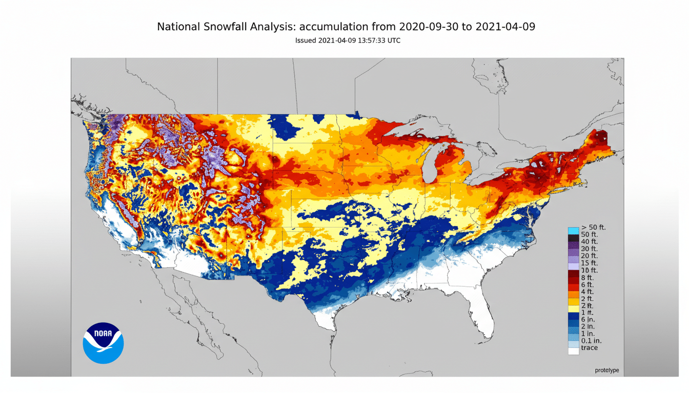 Weather map of United States winter storm snow totals and accumulation