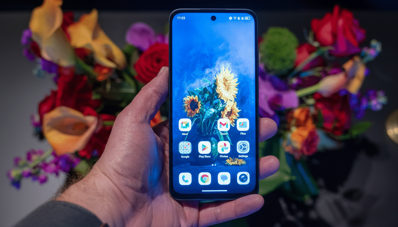 A hand holding a smartphone with a floral wallpaper, set against a blurred background of colorful flowers.