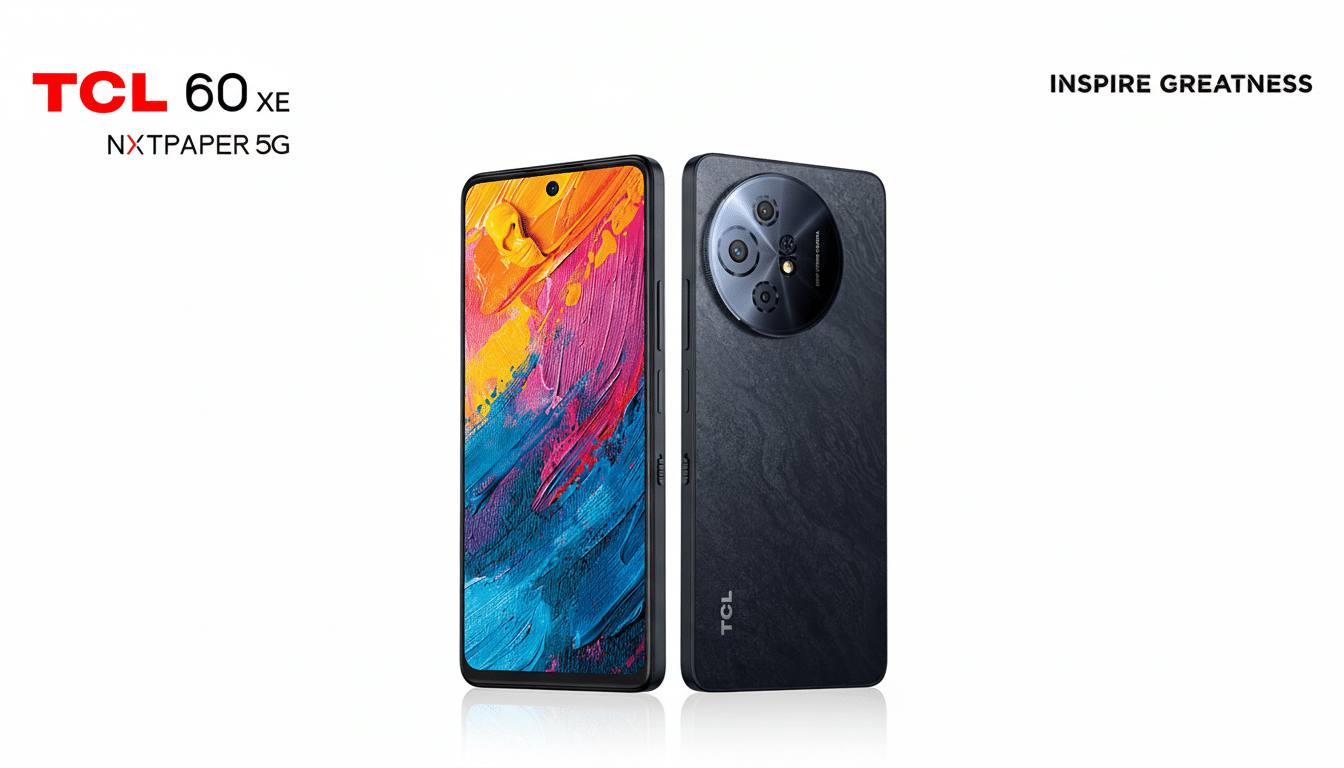 A TCL 60 XE NXTpaper 5G smartphone, shown from the front and back, with a colorful abstract wallpaper on the screen and a textured dark gray back.