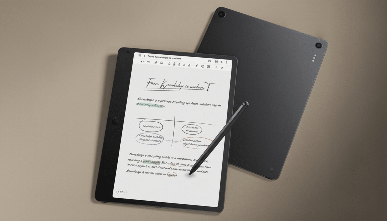 A black tablet with a stylus resting on its screen, displaying handwritten notes and diagrams, with another black tablet partially visible in the background.