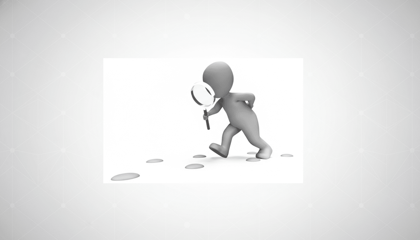 A 3D rendered figure holding a magnifying glass and following a trail of footprints.