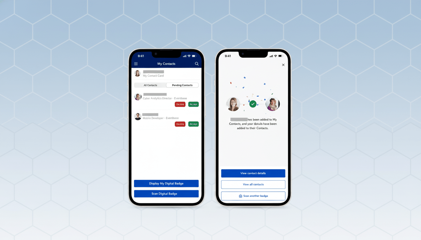 Two smartphone screens displaying a contact management application. The left screen shows a My Contacts list with options to accept or decline pending contacts. The right screen shows a confirmation message that a contact has been added, with options to view details, view all contacts, or scan another badge. The background is a professional flat design with soft patterns.