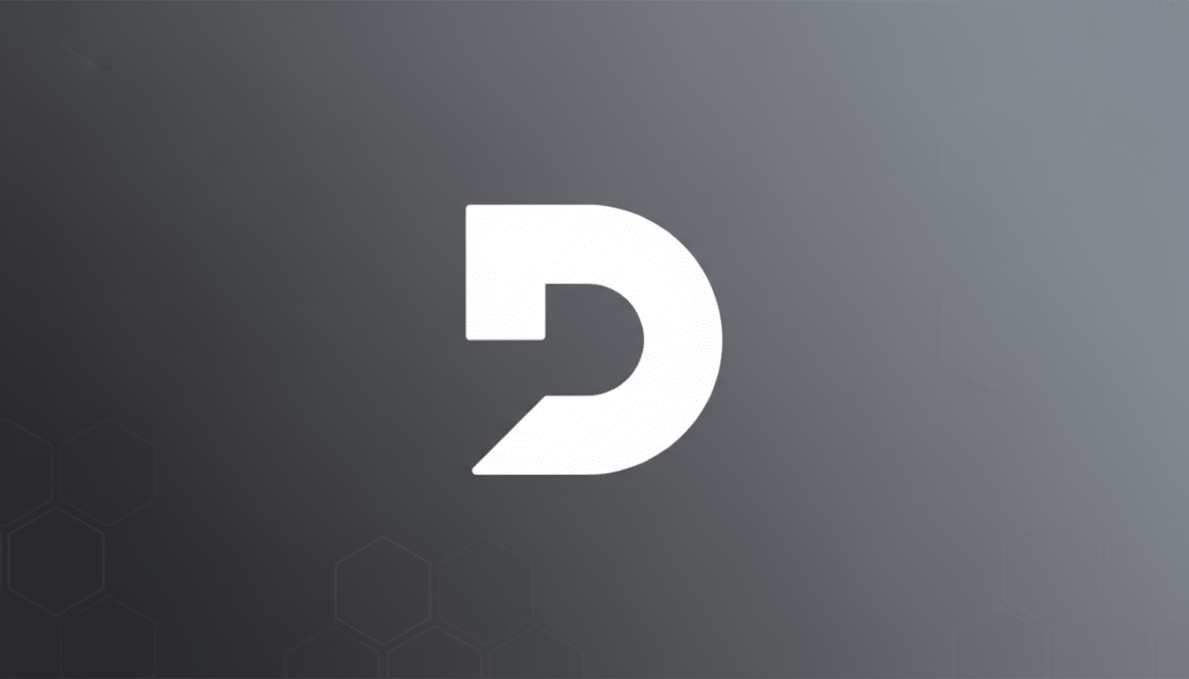 A white stylized letter D logo on a professional dark gray gradient background with subtle hexagonal patterns.