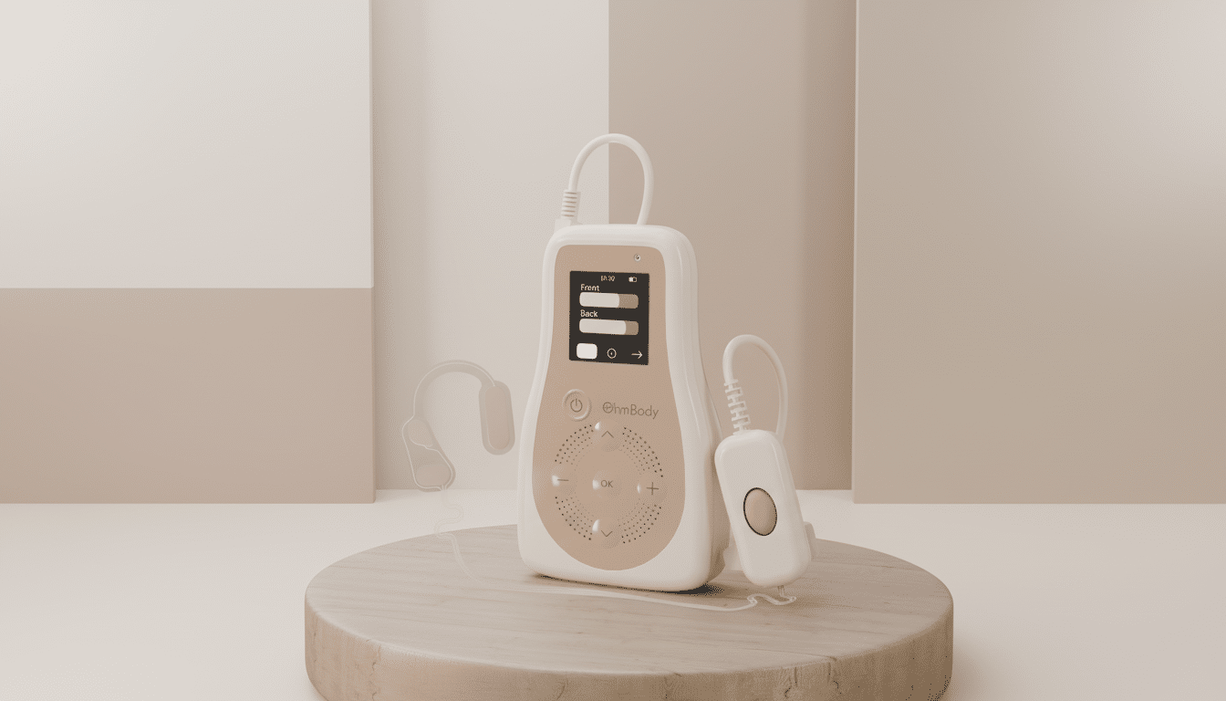 A professional 16:9 aspect ratio image of the OhmBody device on a wooden pedestal, with a clean, soft background.