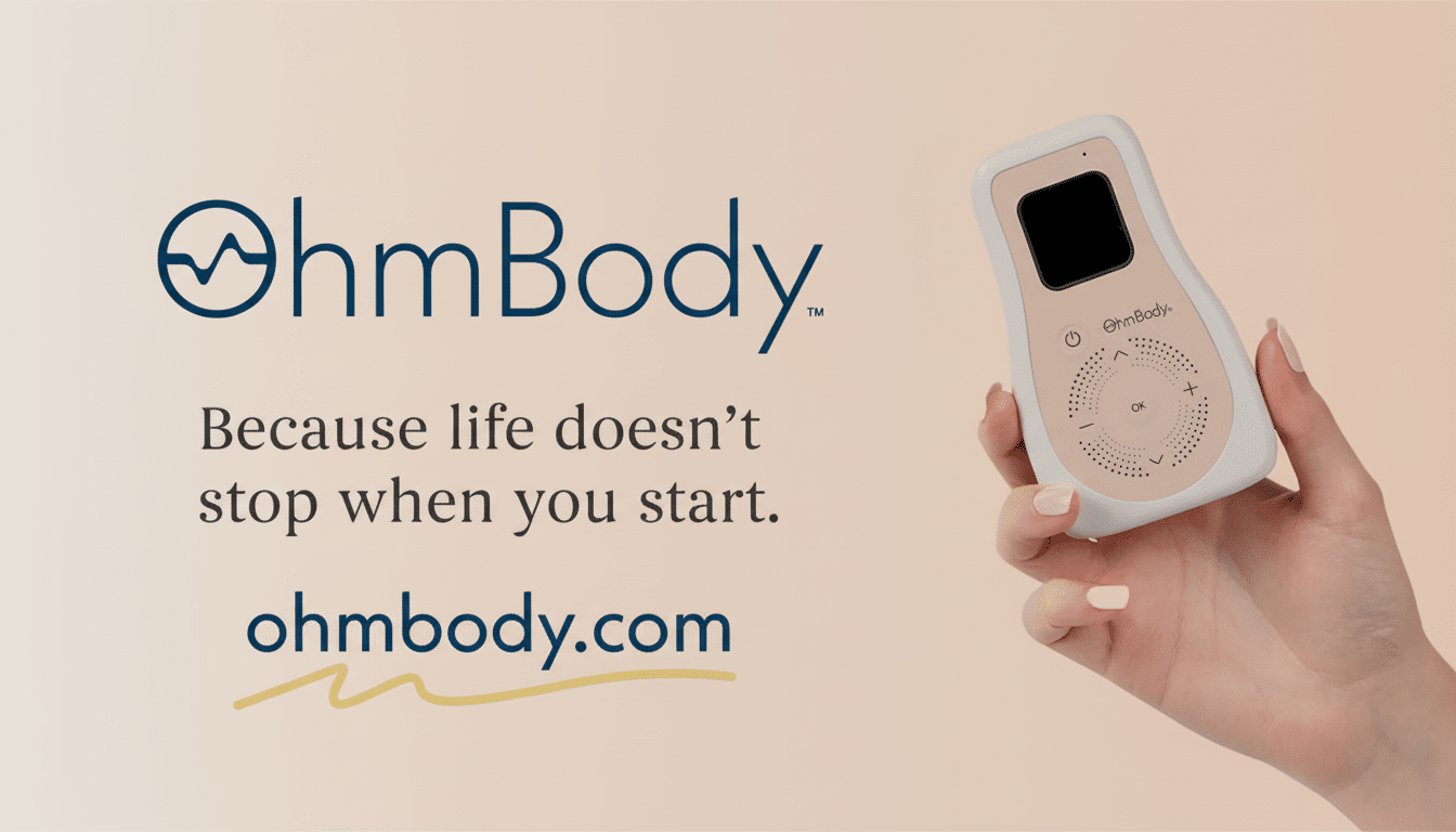 A hand holding an OhmBody device, with the OhmBody logo and text Because life doesnt stop when you start. ohmbody.com on a light background.