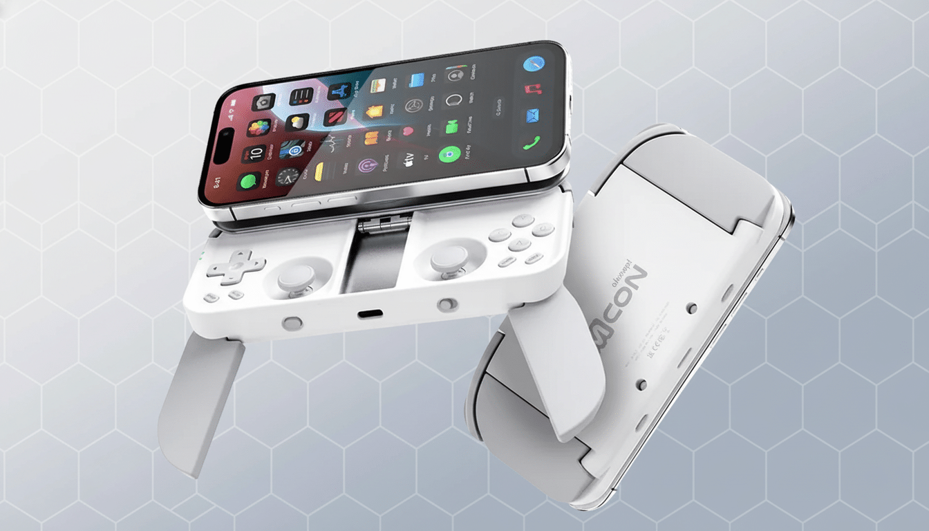 A white mobile gaming controller with an iPhone attached, presented on a professional flat design background with soft geometric patterns.