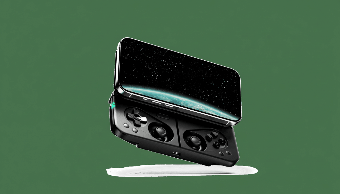 A black mobile gaming controller with a smartphone attached, displaying a starry sky and the Earths horizon, set against a solid green background.