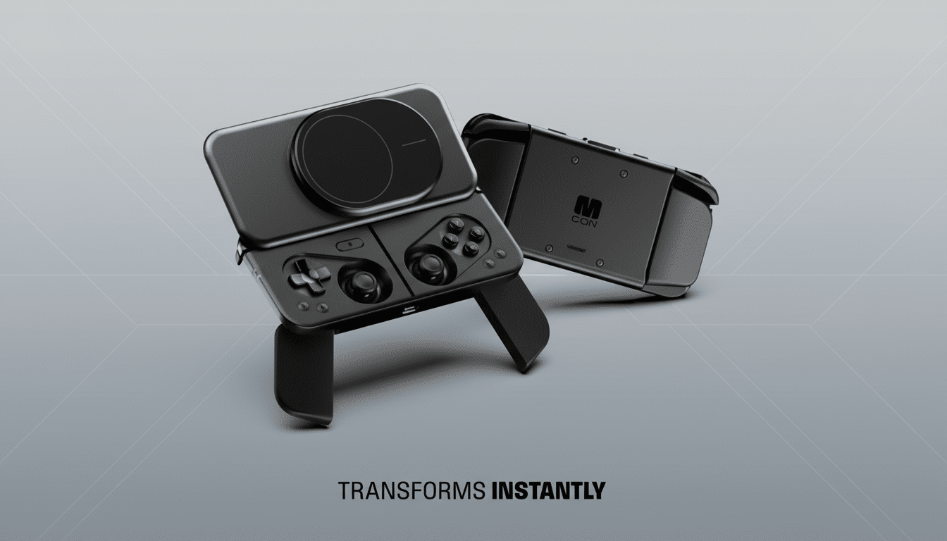 A black gaming controller with a phone attached, shown in a 16:9 aspect ratio with a professional flat design background.