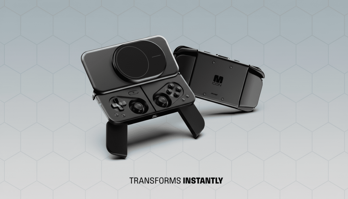 A black gaming controller with a phone attached, shown in a 16:9 aspect ratio with a professional flat design background.