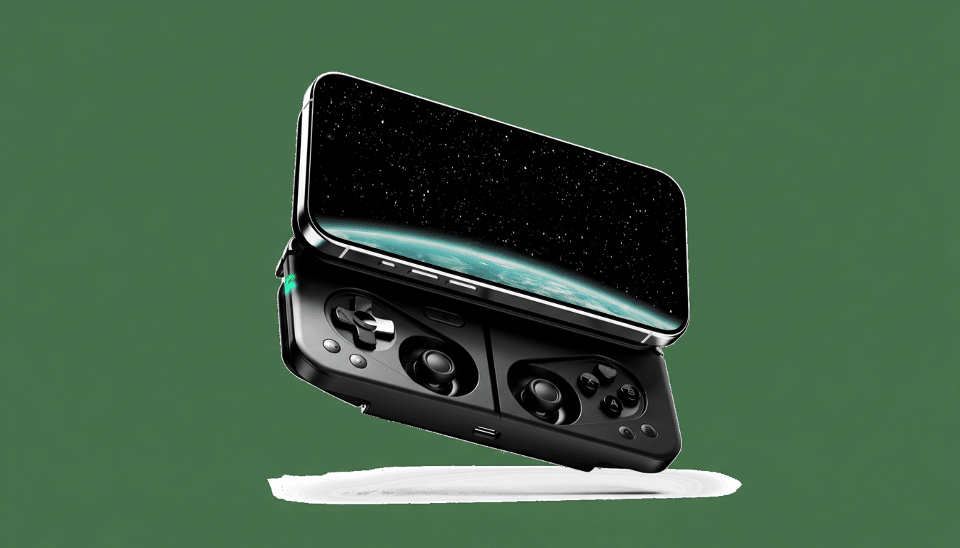 A black mobile gaming controller with a smartphone attached, displaying a space scene with Earth, set against a solid green background.