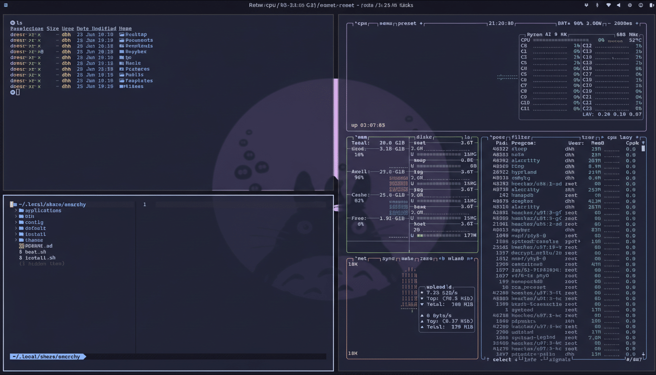 A screenshot of a computer desktop displaying multiple terminal windows with system information and file directories.