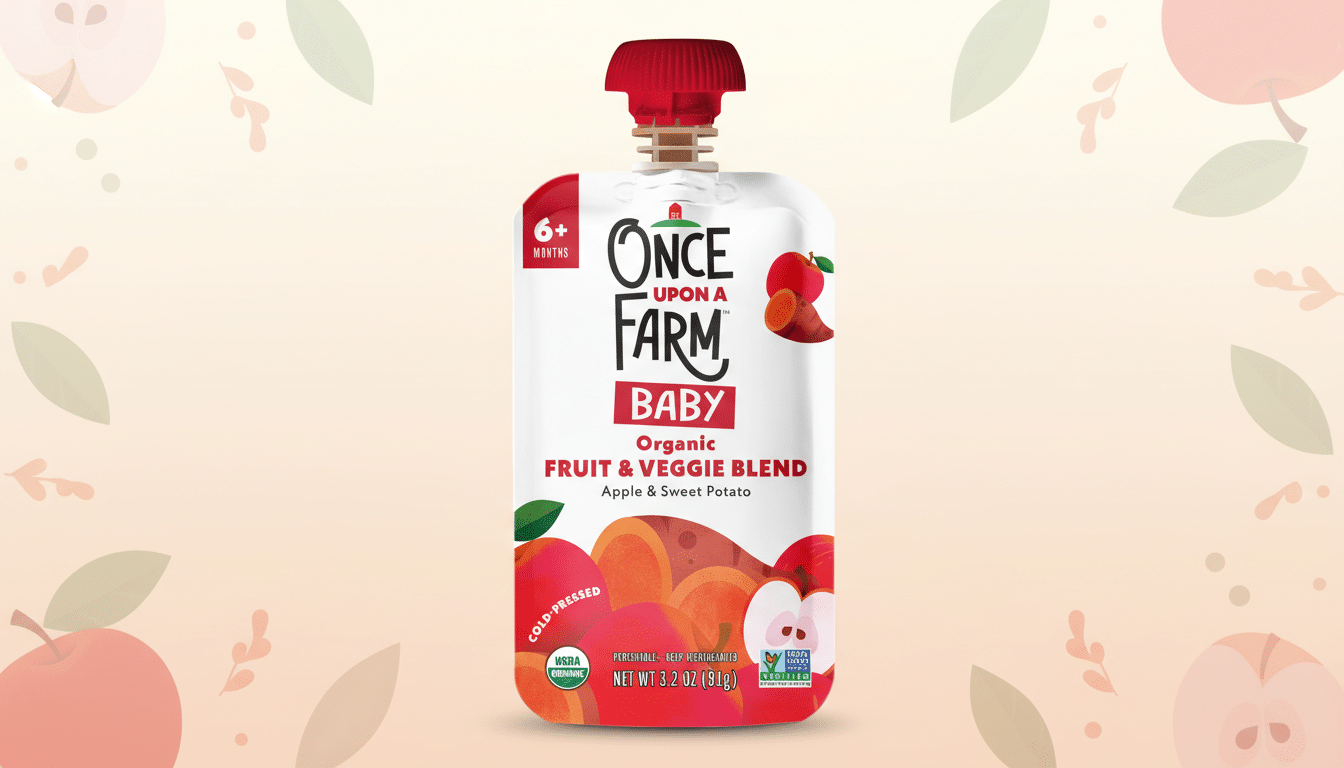 A 16:9 aspect ratio image of a Once Upon a Farm Baby Organic Fruit & Veggie Blend pouch in Apple & Sweet Potato flavor, set against a professional flat design background with soft patterns.