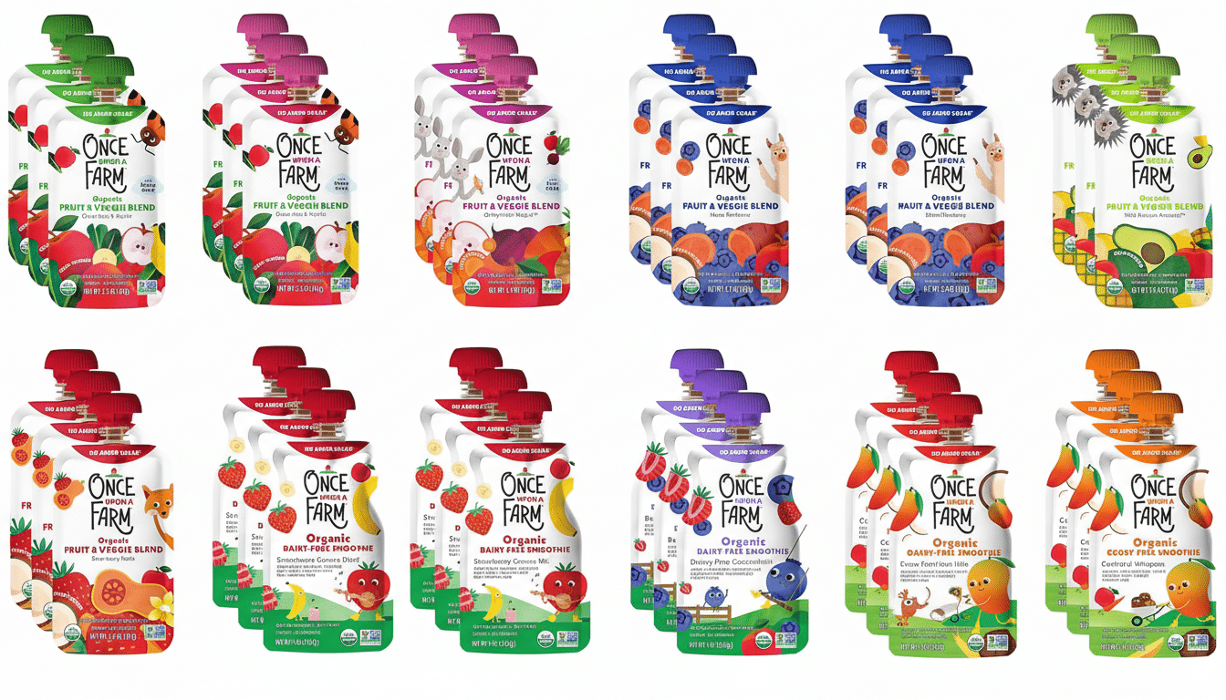A 16:9 aspect ratio image showcasing a variety of Once Upon a Farm organic fruit and veggie blends and dairy-free smoothies in pouches, arranged in rows against a clean, professional background.